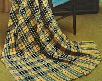 Vintage Knitting Pattern Tartan Plaid Afghan PDF Instant Digital Download Fringe Throw Blanket Home Decor Living Room Bedroom 47x70