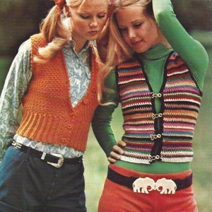 TWO Vintage Crochet Patterns Schoolmarm Waistcoat Vest Sweater PDF Instant Digital Download Pullover Open Front Sleeveless Striped Crop Top