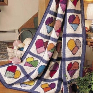 Vintage Crochet Pattern Patchwork Hearts Afghan PDF Instant Download Farmhouse Decor Heart Motif Throw Blanket Bed Cover Home Decor