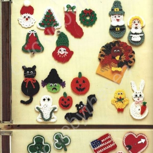 Vintage Crochet Fridge Magnets Pattern PDF Instant Digital Download Holiday Valentine’s Day Christmas Halloween Kitchen 22 Designs