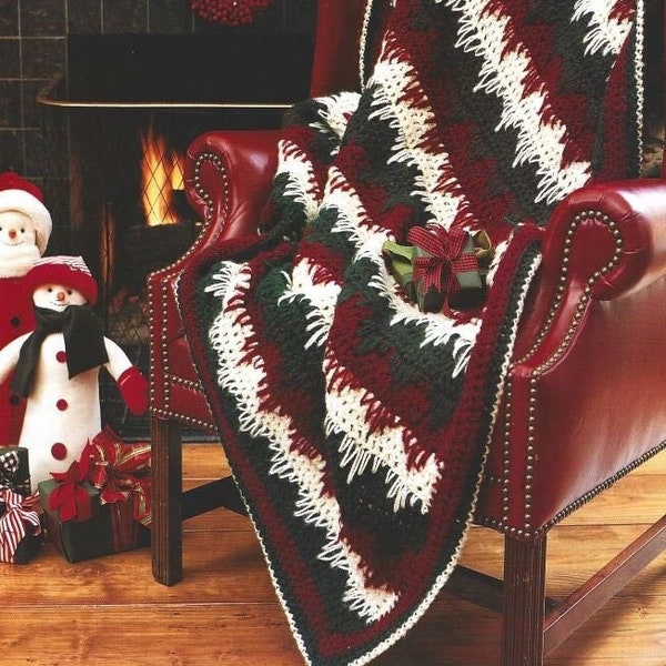 Vintage Crochet Christmas Stripe Afghan Throw Pattern PDF Instant Digital Download Holiday Dip Down Burgundy Green White Holiday Blanket