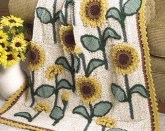 Vintage Crochet Pattern Sunflower Motif Afghan PDF Instant Digital Download Floral Throw Blanket Lap Warmer 38" x 48"