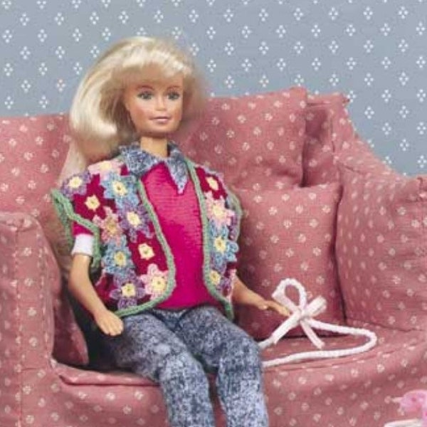 Vintage Crochet Pattern Barbie Doll Flower Vest and Hanger Set Fashion Doll Outfit Clothes PDF Instant Digital Download