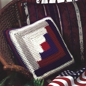 Vintage Crochet Pattern 4th of July Log Cabin Throw Pillow PDF Instant Digital Download Patriotic Plush Pillow Holiday Decor 14" Square