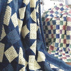 May include: Two crocheted blankets, one with a blue and white star pattern and the other with a checkered pattern in shades of blue, green, red, and purple.