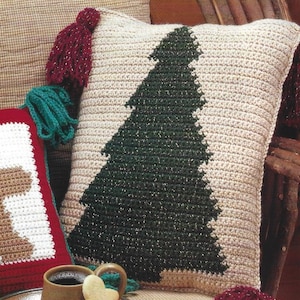 Vintage Crochet Pattern Christmas Tree Throw Pillow PDF Instant Digital Download Folk Art Country Plush Pillow Holiday Decor 13" x 17"