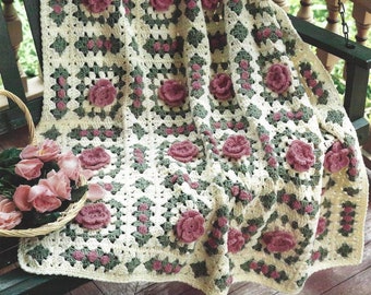 Vintage Crochet Pattern Granny Square Rose Afghan PDF Instant Digital Download Spring Flowers Throw Blanket Home Decor