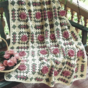 Vintage Crochet Pattern Granny Square Rose Afghan PDF Instant Digital Download Spring Flowers Throw Blanket Home Decor