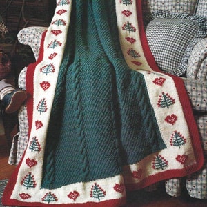 Vintage Knitting Pattern Christmas Tree and Heart Motif Afghan PDF Instant Digital Download Cable Knit Winter Throw Blanket Home Decor