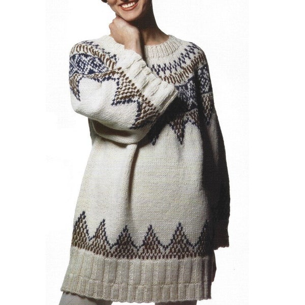 Knitting Pattern Nordic Fair Isle Icelandic Pullover Sweater PDF Instant Digital Download Oversized Tunic Length Traditional Style Crew Neck