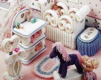 Vintage Crochet Pattern Fashion Doll Nursery Set PDF Instant Digital Download Baby Doll Crib High Chair Rug Rocking Horse Changing Table