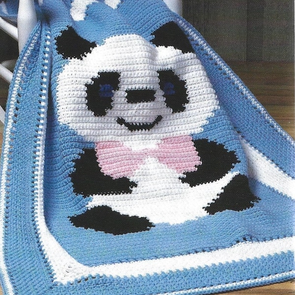 Baby Afghan Crochet Pattern Panda Bear Animal with Bow Tie PDF Instant Digital Download Infant Crib Bedding Blanket 30"x41" Nursery Decor