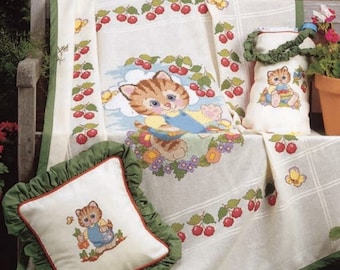 Vintage Cross Stitch Afghan Blanket Kitten Cherry Border Set PDF Instant  Digital Download Baby Blanket Diaper Bag Pillow Baby Shower Gift 