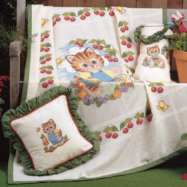 Vintage Cross Stitch Afghan Blanket Kitten Cherry Border Set PDF Instant Digital Download Baby Blanket Diaper Bag Pillow Baby Shower Gift