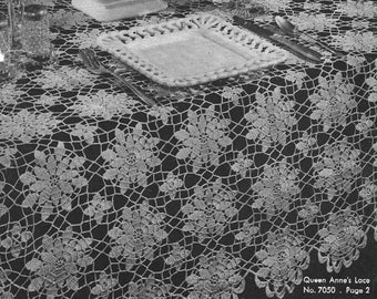 Vintage Crochet Tablecloth Pattern Queen Annes Lace Rectangle PDF Instant Digital Download Crochet Cotton Flower Motif Table Cover Heirloom