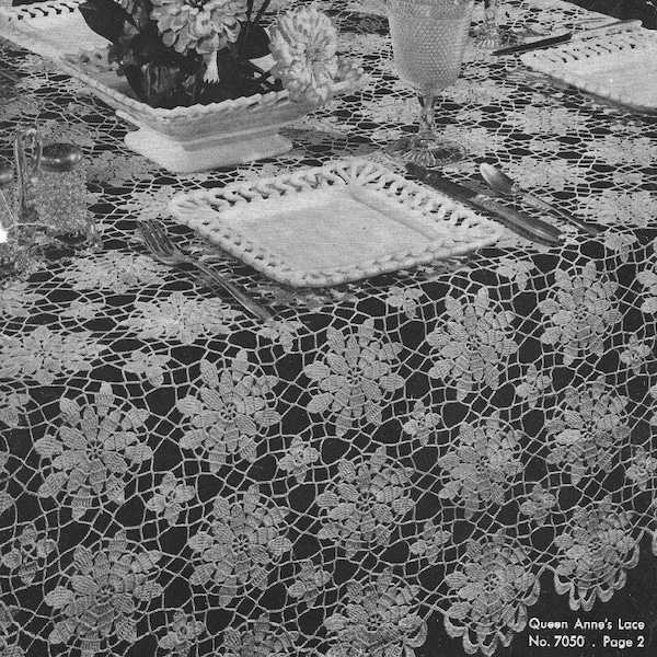Vintage Crochet Tablecloth Pattern Queen Annes Lace Rectangle PDF Instant Digital Download Crochet Cotton Flower Motif Table Cover Heirloom