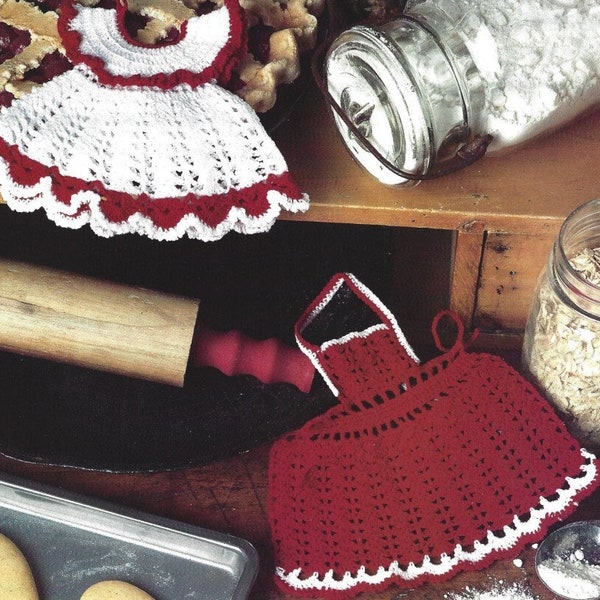 Vintage Crochet Pattern Retro Apron and Dress Pot Holder Set PDF Instant Digital Download Red and White Nostalgic Kitchen Home Decor