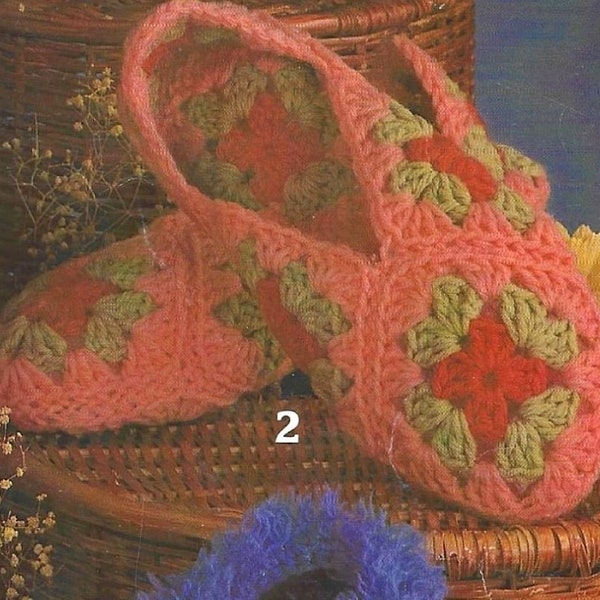 Vintage Crochet Pattern Granny Square Slippers PDF Instant Digital Download Retro Floral House Shoes for Women