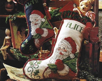 Vintage Cross Stitch Christmas Stocking Pattern Santa Claus with Toy Sack and Holly Leaves PDF Digital Download Holiday Home Decor
