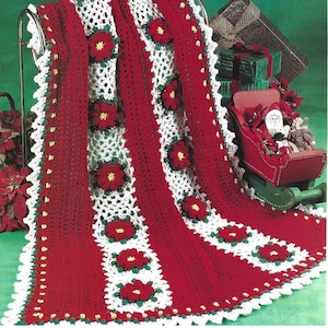 Vintage Crochet Christmas Pattern Poinsettia Afghan PDF Instant Digital Download Holiday Throw Blanket 54&quot; x 62&quot; Home Decor