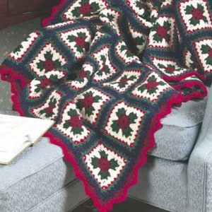 Vintage Christmas Crochet Pattern Granny Square Holly Afghan PDF Instant Digital Download Poinsettia Flower Throw Blanket Holiday Decor