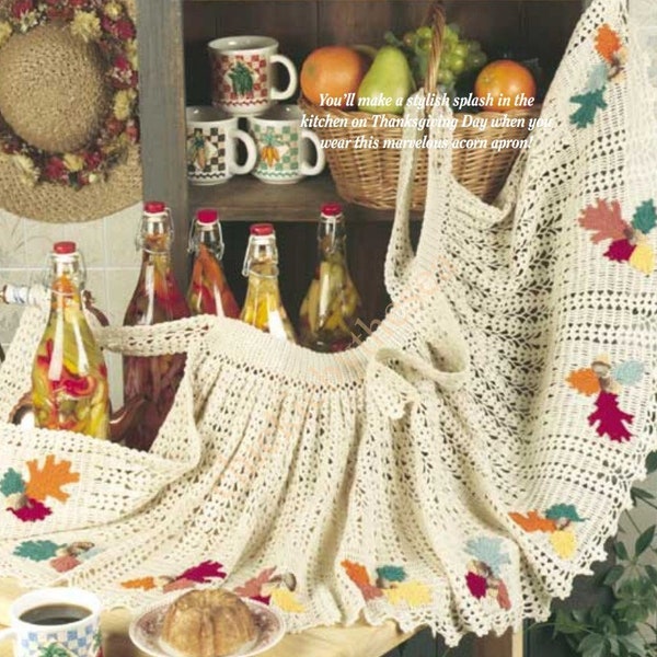 Vintage Crochet Apron Pattern Fall Leaves and Acorns PDF Instant Digital Download Retro Autumn Fall Holiday Half Apron Full Skirt 80" Across