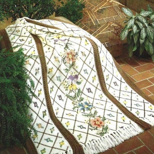 Vintage Crochet Pattern Garden Trellis Afghan Blanket Cross Stitch Flowers PDF Instant Digital Download Strip Panel Home Decor 44x66