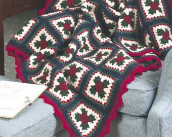 Vintage Christmas Crochet Pattern Granny Square Holly Afghan PDF Instant Digital Download Poinsettia Flower Throw Blanket Holiday Decor