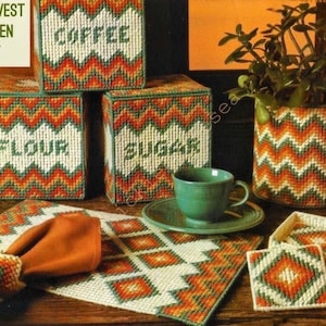 Vintage Plastic Canvas Pattern Southwestern Kitchen Canister Set Flower Pot Coasters Holder Placemat PDF Instant Digital Download Home Decor