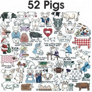 Motif de point de croix vintage 52 motifs de mini cochons PDF Téléchargement numérique instantané Personnage de broderie cochons Animaux de la ferme humoristiques dessins mignons