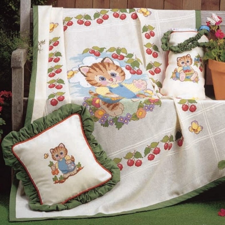 Vintage Cross Stitch Afghan Blanket Kitten Cherry Border Set PDF