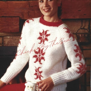 Vintage Christmas Crochet Pattern Snowflake Raglan Sleeve Pullover Sweater Top PDF Instant Digital Download Nordic Ski Sweater S M L