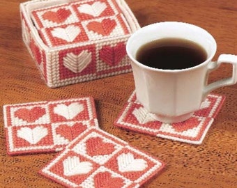 Plastic Canvas Patterns 3 Sets of Coasters Valentines Day Heart, Easter Patchwork, Eight Pointed Star Coasters PDF Instant Digital Download