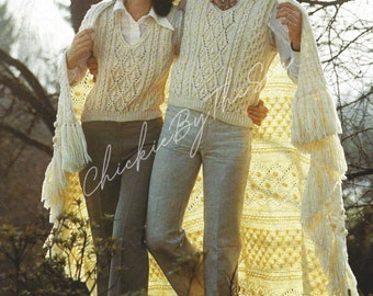 Vintage Knitting Pattern Aran Afghan and Irish Knit Pullover Vest PDF Instant Digital Download Cable Knit Throw Blanket Home Decor