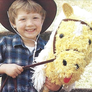 May include: A young boy wearing a cowboy hat and plaid shirt holds a crocheted stuffed horse toy. The horse is light brown with white markings and has a brown leather bridle.