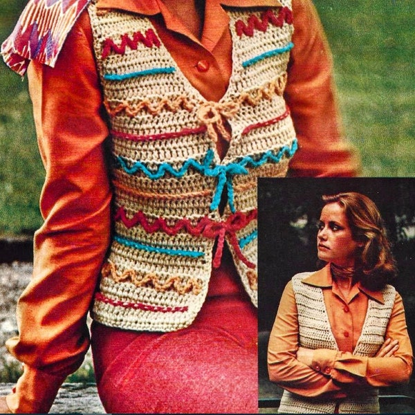 Vintage 70's Crochet Pattern Reversible Cardigan Sweater Vest Quick and Easy Striped Top PDF Instant Digital Download Womens Clothing