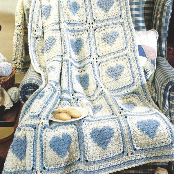 Vintage Crochet Pattern Heart Motif Afghan PDF Instant Digital Download Granny Square Style Square Motif Country Throw Blanket Home Decor