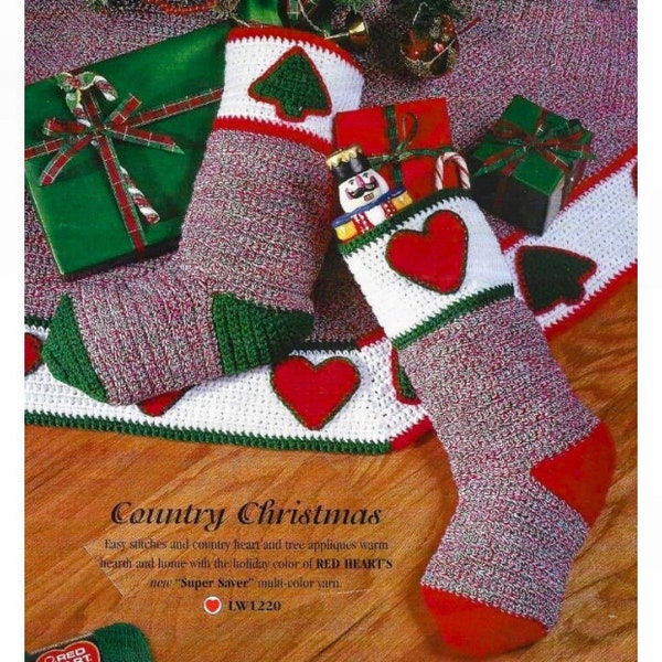 Crochet Christmas Stockings Pattern PDF Instant Digital Download Vintage Country Tree and Heart Stockings Christmas Tree Skirt Set of 3