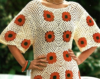 Vintage Crochet Pattern Orange Flower Granny Square Top PDF Instant Digital Download Lacy Floral Summer Tunic Swimsuit Cover Up Shirt