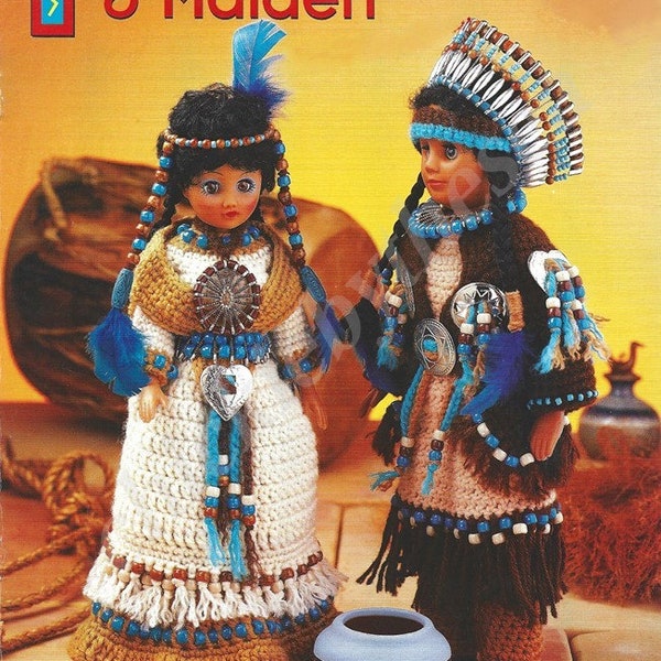 Vintage Crochet Pattern Indian Brave & Maiden PDF Instant Digital Download Native American Beaded Feathered Headdress Necklace Concho