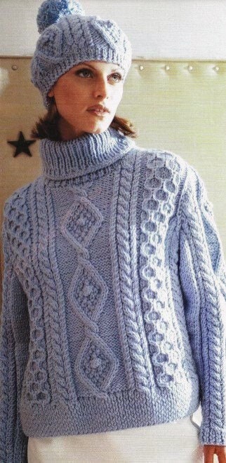 Vintage Knitting Pattern Aran Turtleneck Sweater and Matching - Etsy