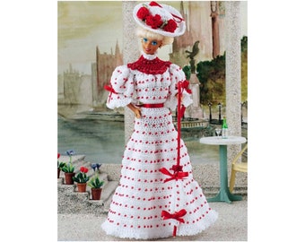 Vintage Crochet Fashion Doll Pattern: Victorian Red & White Dress (PDF Download)