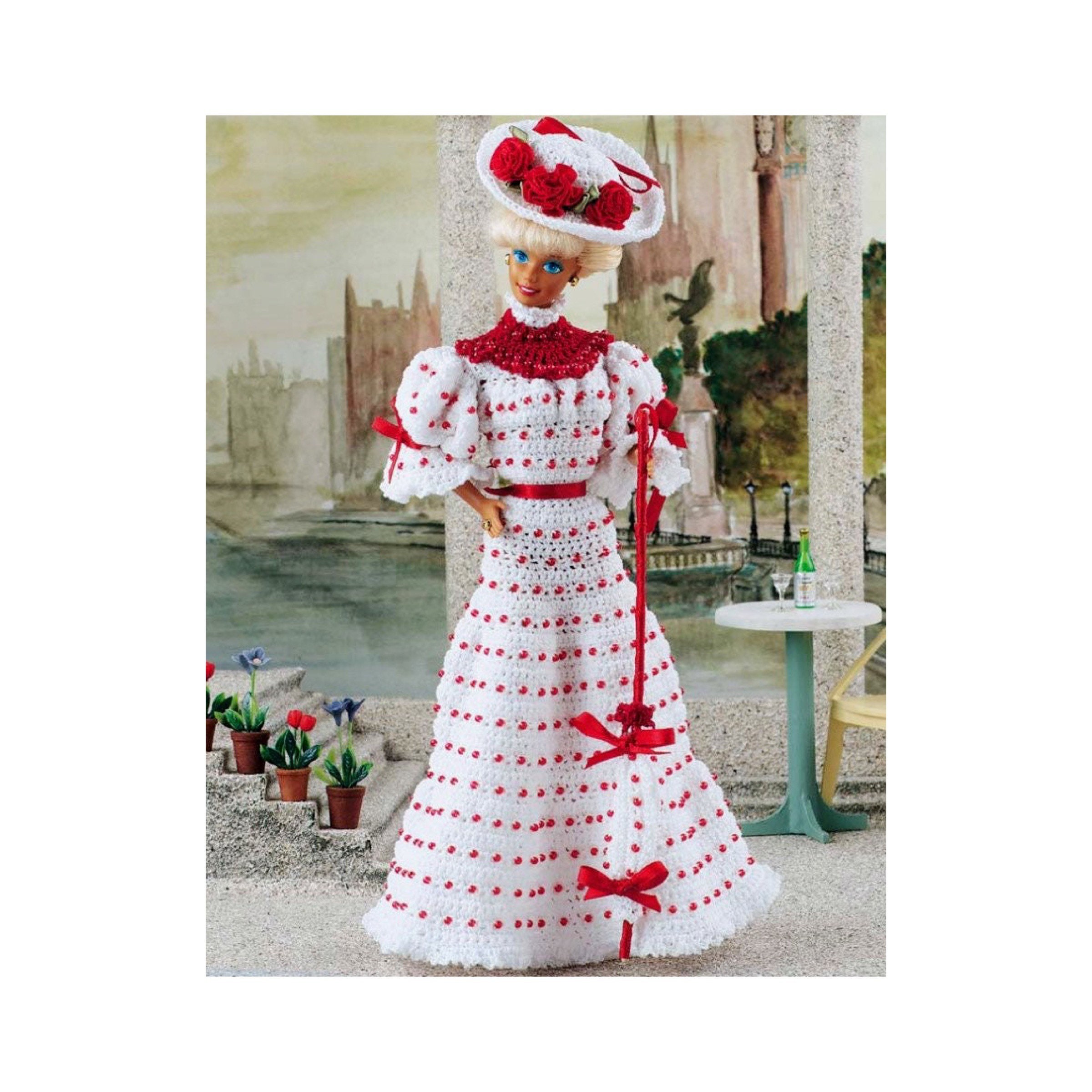 Patrón de crochet vintage para vestido victoriano rojo y blanco de muñeca de moda, mangas abullonadas, vestido para San Valentín, descarga digital instantánea en PDF.