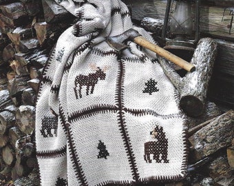 Vintage Crochet Pattern Woodland Animals Afghan PDF Instant Digital Download Cross Stitch Moose Bears Deer Country Throw Blanket Home Decor