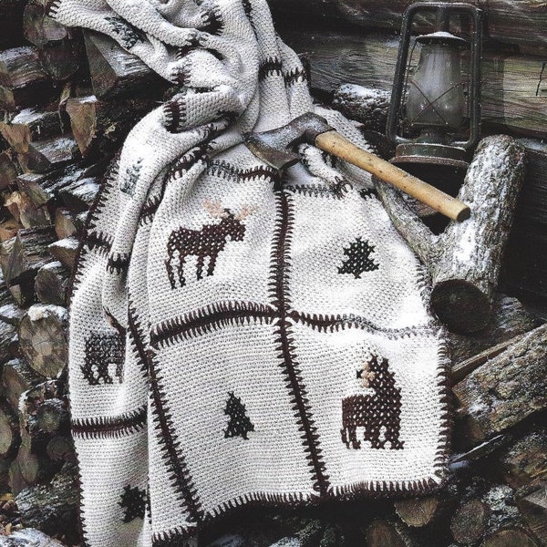 Vintage Crochet Pattern Woodland Animals Afghan PDF Instant Digital Download Cross Stitch Moose Bears Deer Country Throw Blanket Home Decor