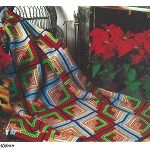 Wzór na szydełko Vintage Log Cabin Christmas Afghan PDF Natychmiastowe pobieranie cyfrowe Kolorowy kwadratowy motyw świąteczny koc wystrój domu