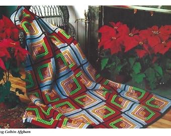 Patrón de ganchillo vintage estilo cabaña de troncos, manta navideña en PDF, descarga digital instantánea, colorido motivo cuadrado, manta navideña para el hogar