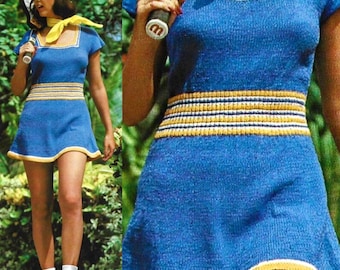 Patrón de punto vintage para falda de tenis azul y minivestido (PDF, descarga digital instantánea). Vestido deportivo acampanado para mujer estilo años 70.