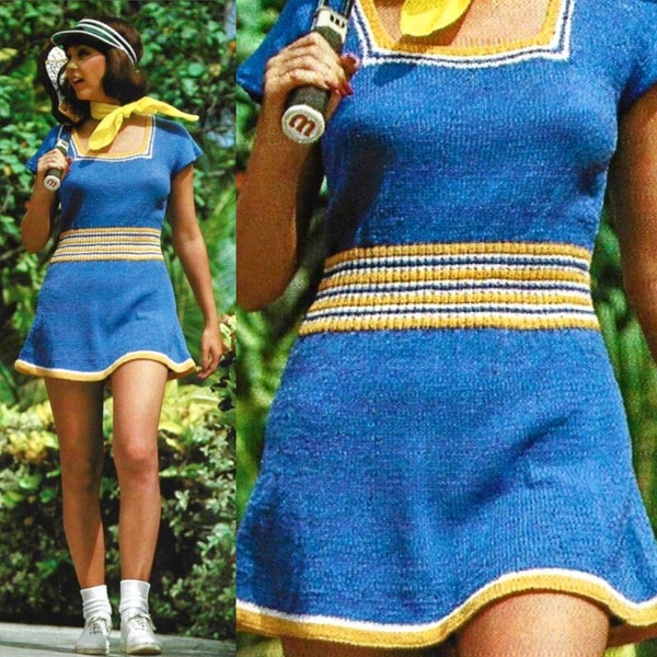 Vintage Knitting Pattern Blue Tennis Skirt Mini Dress PDF Instant Digital Download Womens 70s Athletic Flared Dress