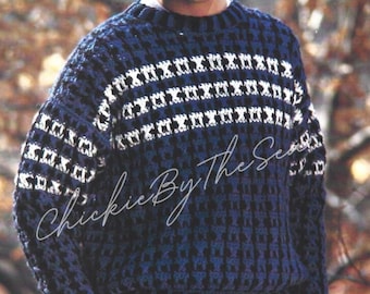 Vintage Crochet Pattern Mens Fair Isle Pullover Sweater PDF Instant Digital Download Retro Striped Wool Blend Ski Sweater
